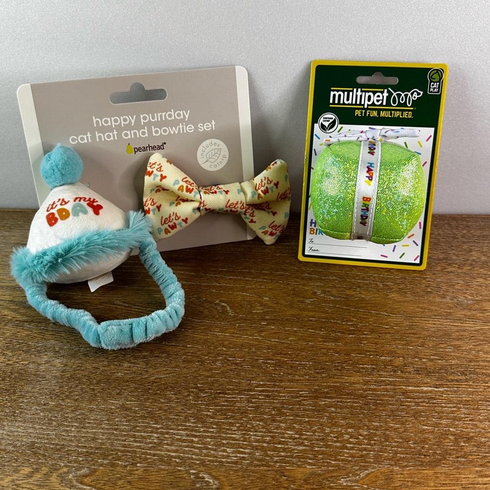 Happy Birthday Cat Hat and Bowtie Set with Catnip Present toy.